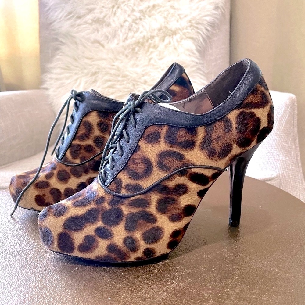 ISOLA Mob Wife Calf Hair & Leather Animal Print Bootie Heels